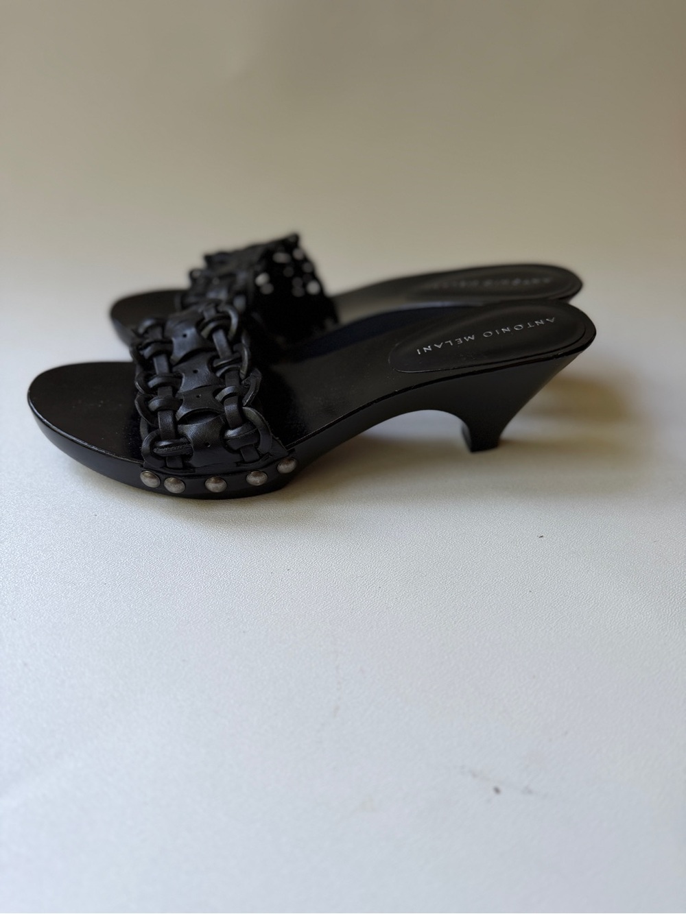 ANTONIO MELANI Wooden Clogs Black Braided Studded Slide Mules 9.5